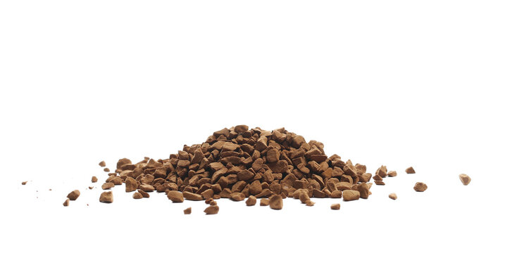 Instant coffee granules, soluble coffee isolated white clipping, side view