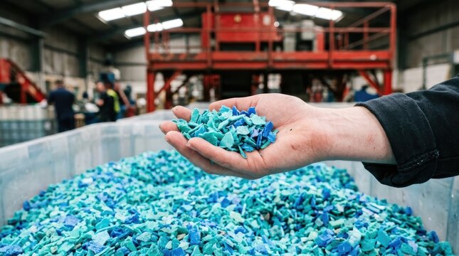 Recycled plastic fragments in hand sustainable material showcase for manufacturing and environmental solutions