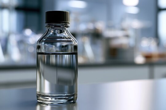 Close-up of a dark glass bottle containing propylene glycol in a modern chemistry laboratory with ample copy space