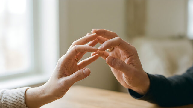Close-up of a couple's hands gently touching, fingers intertwined with a wedding ring visible, conveying deep intimacy, love, and connection in a soft, natural indoor light near a window, symbolizing 