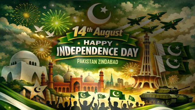 Happy Independence Day Pakistan 14th August celebration with national symbols fireworks and military jets concept for patriotic graphic design and commerical uses