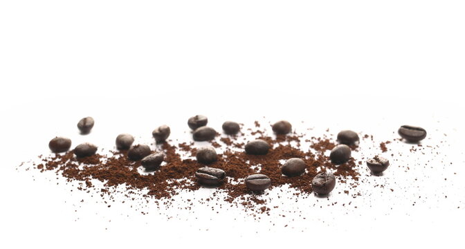 Coffee powder and beans isolated on white background, side view