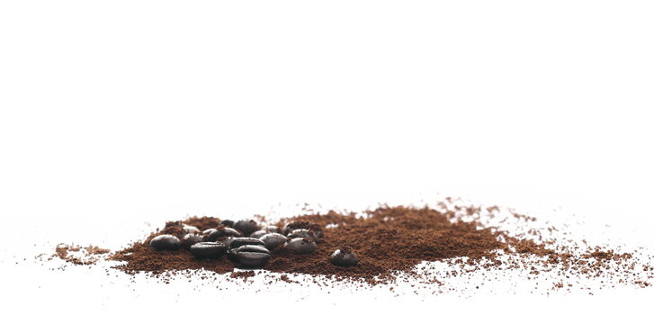 Coffee powder and beans isolated on white background, side view