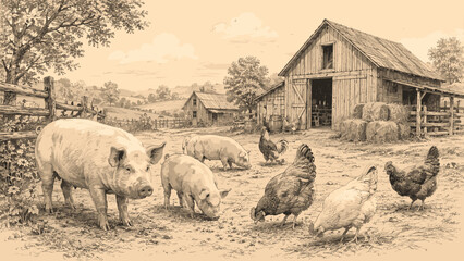 Vintage Farm Animals and Rustic Countryside Illustration Featuring Pigs, Chickens, Barn, Rural Homestead, Agricultural Landscape and Traditional Farming Scene   © Rick Cranches