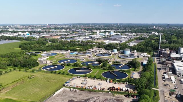 Aerial view of a wastewater treatment plant facility