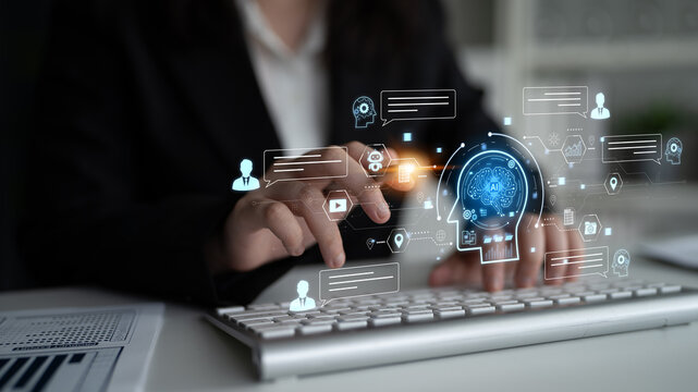 Artificial intelligence AI chat message concept linking users, knowledge base, search and analytics to provide automated NLP data support and informed business decisions, tech model training. Corpus