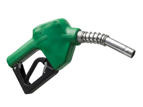 Industrial green fuel nozzle for gasoline pump showing metallic texture and precise engineering isolated on a clean white on transparent background