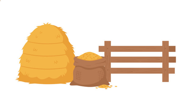 Rustic farm scene elements featuring a large haystack a burlap sack filled with grain and a brown wooden fence section.