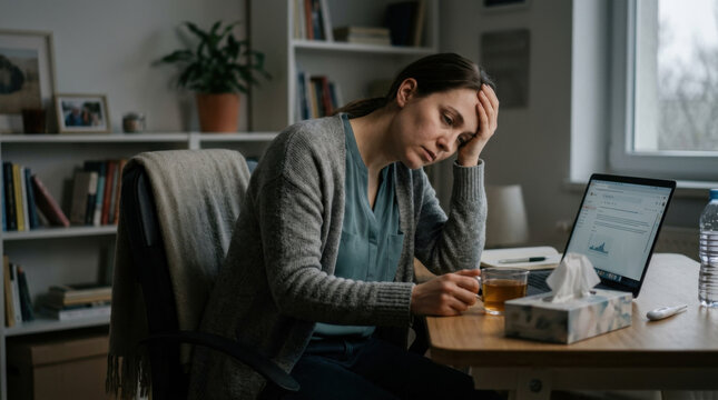 Overwhelmed Woman Working From Home Battling Illness Symptoms