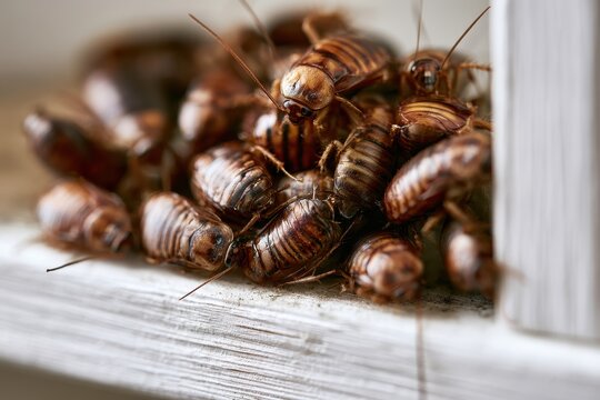 Group of German cockroaches on a painted wooden shelf, daylight and natural textures