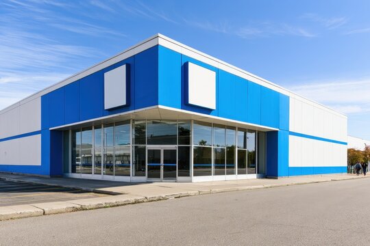 Architectural photo of a generic discount shop exterior featuring signage and storefront lighting