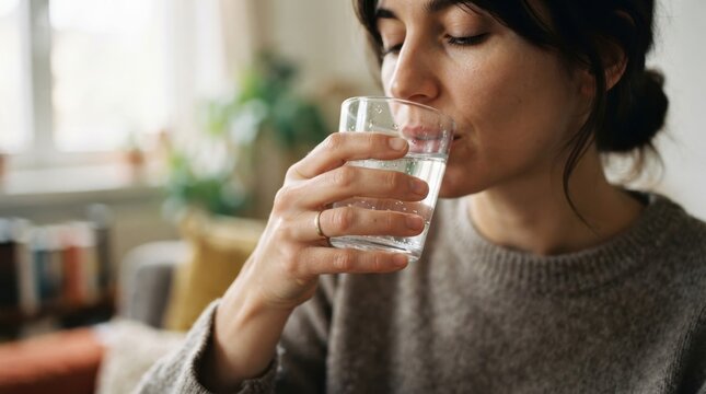 Young woman drinking a glass of clear water at home