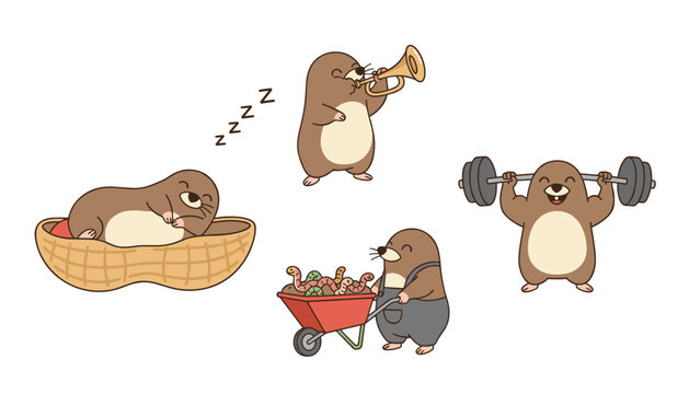 Four cartoon moles performing various activities including sleeping in a peanut, playing a trumpet, and lifting weights.