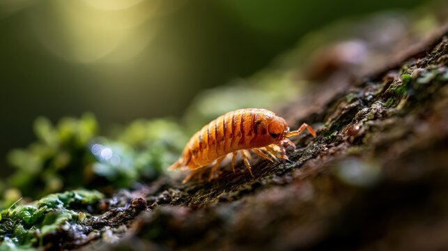 Detailed macro shot of an amber isopod on damp bark, forest textures and tiny legs