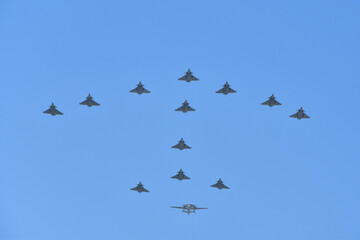 Obraz premium French Air Force aircraft formation during Bastille Day rehearsal in Paris, France, July 9, 2026