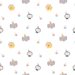 Obraz premium Holiday birthday animal seamless pattern set featuring lion elephant penguin cupcake candle party hat frosting wrapper flame celebration event festivity