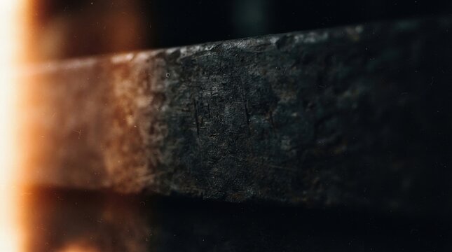 Closeup of a dark, weathered, and textured metal surface with a warm light leak effect on the left side