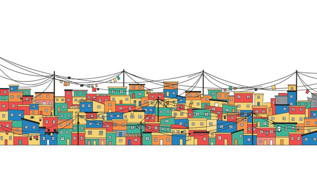 Colorful hillside favela neighborhood features densely packed houses with tangled power lines under a clear white sky.