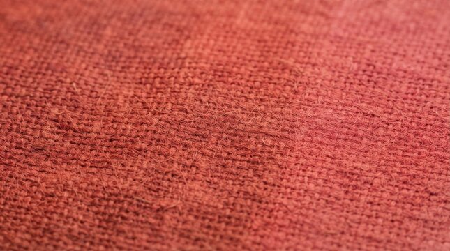 Closeup macro shot of a coarse red fabric texture with visible woven fibers and threads