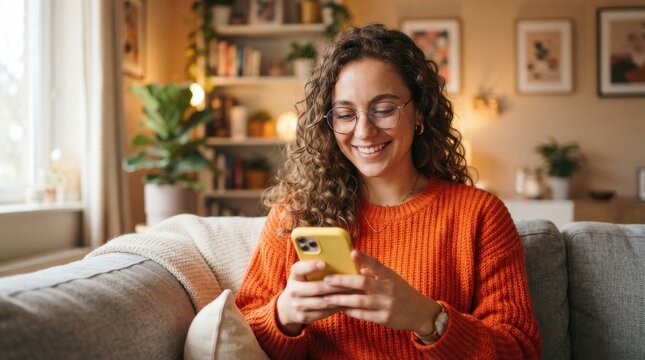Young woman with curly hair smiling while using a smartphone at home