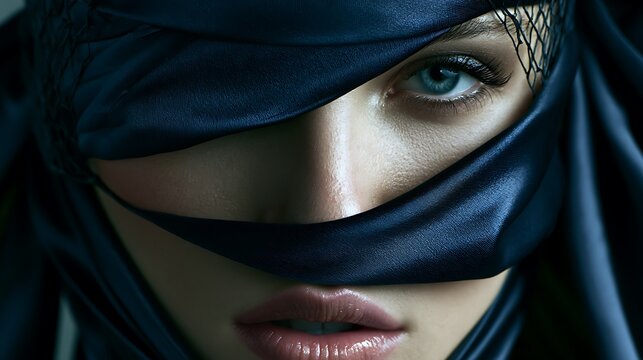 Prompt: A striking close-up fashion shot. A model wears a headpiece where dark navy silk satin is stretched tightly over an internal wire frame, pressing flat against her forehead and nose, 