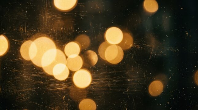 Abstract golden bokeh lights on a dark scratched surface, warm glowing circles with texture overlay