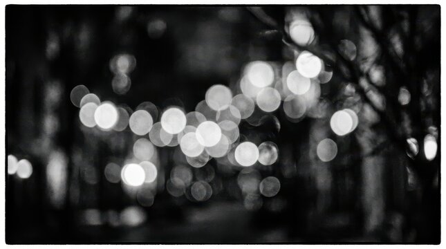 Abstract black and white background with blurred city lights, bokeh effect, artistic photography with film grain texture