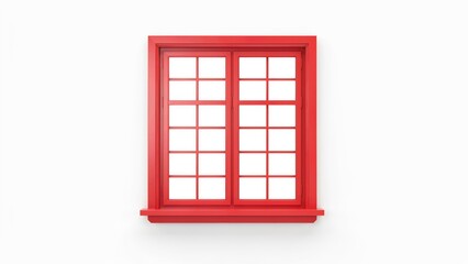 Obraz premium Bright red wooden window frame with gridded panes on a white wall