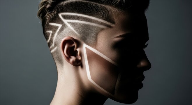 profile portrait of a person with a fade haircut featuring shaved geometric lines and light shadows