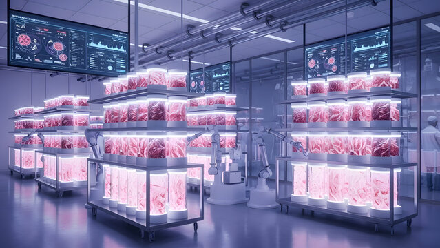 Lab grown meat production facility with rows of illuminated glass containers holding red cultured beef steaks on shelves futuristic food technology concept