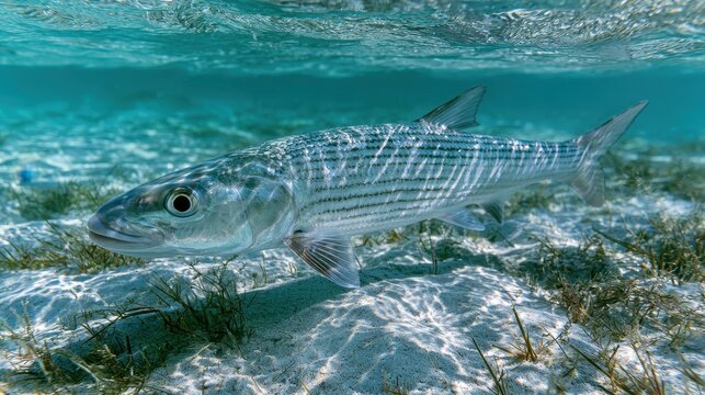 Graceful bonefish in clear tropical water with rippling light