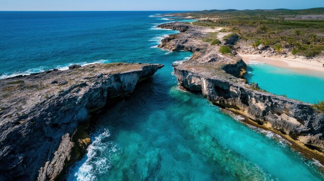 Aerial view of Glass Window Bridge, North Eleuthera, dramatic limestone arch over turquoise Bahamian waters