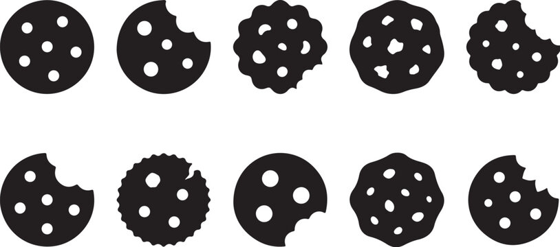 Set of various chocolate chip cookies silhouettes