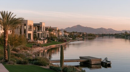 Fototapeta premium Gilbert Arizona lakefront homes at sunset along tranquil water with desert landscaping