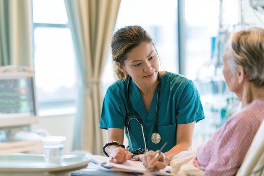Compassionate LPN providing bedside care in a bright hospital ward