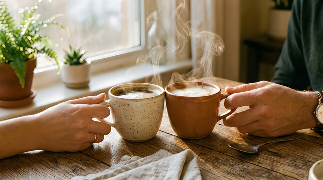 Two people are holding coffee mugs on a rustic wooden table, bathed in warm sunlight by a window with green houseplants, evoking comfort and shared 