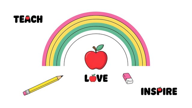 Educational illustration with rainbow apple and school supplies
