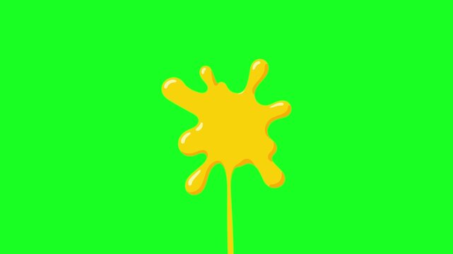 Animated yellow paint splat and dripping liquid on green screen. Cartoon slime or honey drip effect. Chroma key isolated.