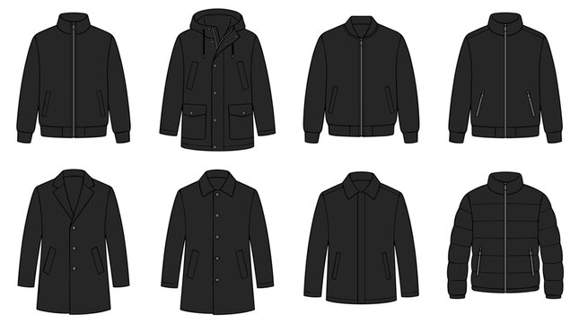 Collection of black outerwear jackets and coats flat sketches