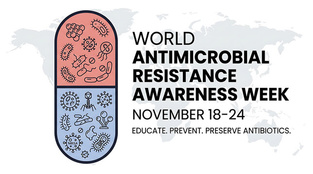 Medical illustration for antimicrobial resistance week showing a capsule packed with bacteria doodles over a world map background.
