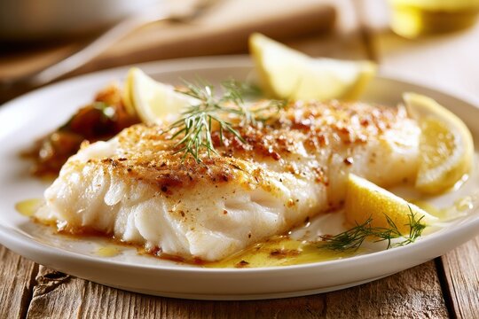 Herbed baked haddock with lemon, olive oil and roasted vegetables on a rustic table