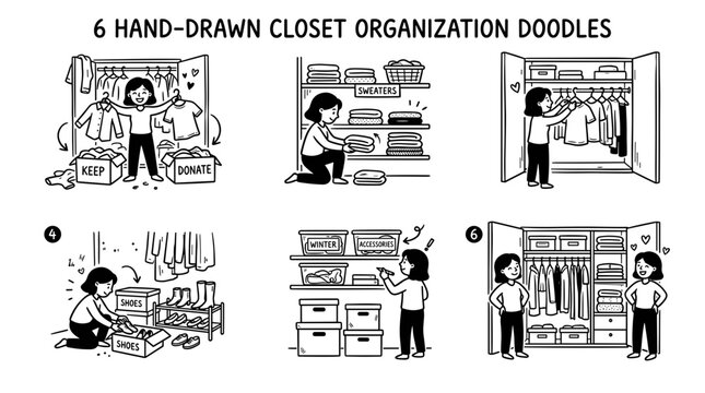 Hand drawn doodles showing closet organization steps and results