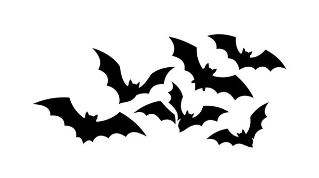 Black bats flying in a swarm on a white background Halloween theme