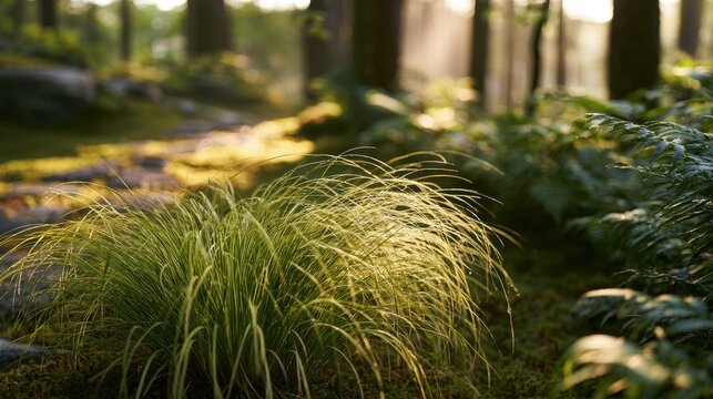 Emerald Hakone grass along a mossy forest path in peaceful woods