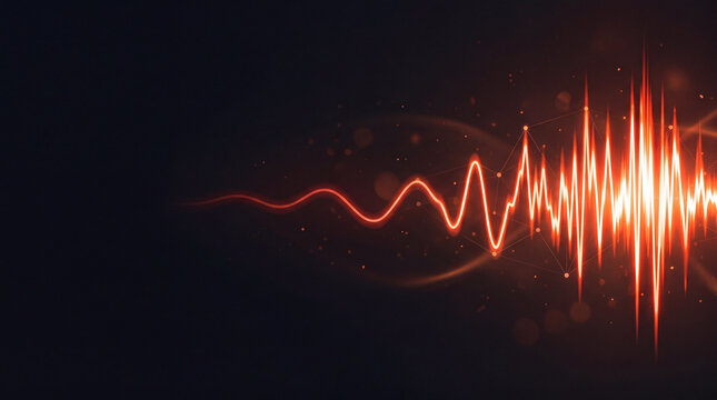 Glowing orange pulse wave rising from calm to rapid spikes, heartbeat and heart rate monitoring concept 