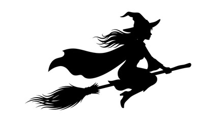 Helloween Black silhouette witch flying on broomstick, Halloween vector icon, mystical female figure, dark magic symbol vector © MstRahela
