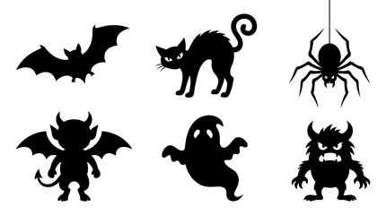Naklejka premium Helloween Halloween icons, black silhouette monsters, creepy creatures, spooky symbols, vector graphics vector