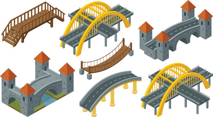 Isometric bridges vector set featuring modern highway overpasses stone medieval castle bridges wooden footpaths and rope suspension structures isolated on white background © Rumi