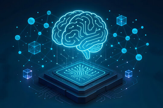 3D isometric illustration of artificial intelligence and machine learning concept, glowing holographic digital brain on futuristic technology podium