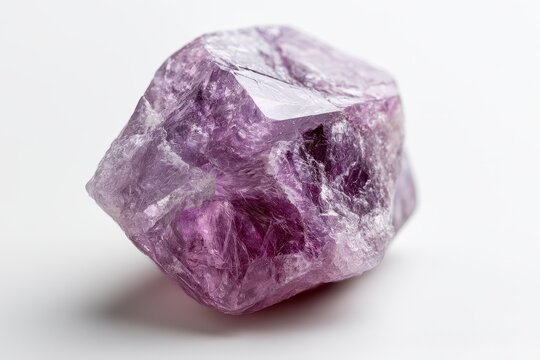 Close-up of a lilac lepidolite stone with detailed facets on white backdrop